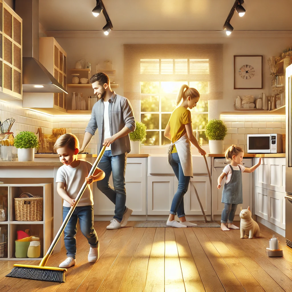 Family-friendly environment where parents and children collaborate on household chores