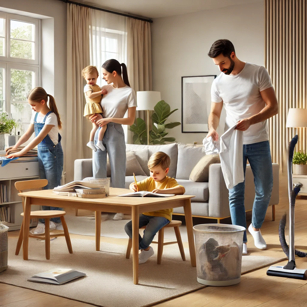 Family collaborating on household chores in a cozy living room without a vacuum cleaner.